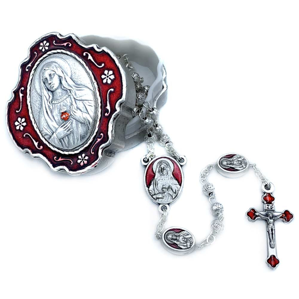 Sacred Heart of Mary Metal Beads Rosary & Box Gift Set