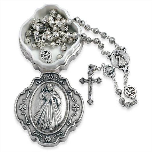 Divine Mercy Rosary Metal Beads Oxidized Finish Box Gift Set