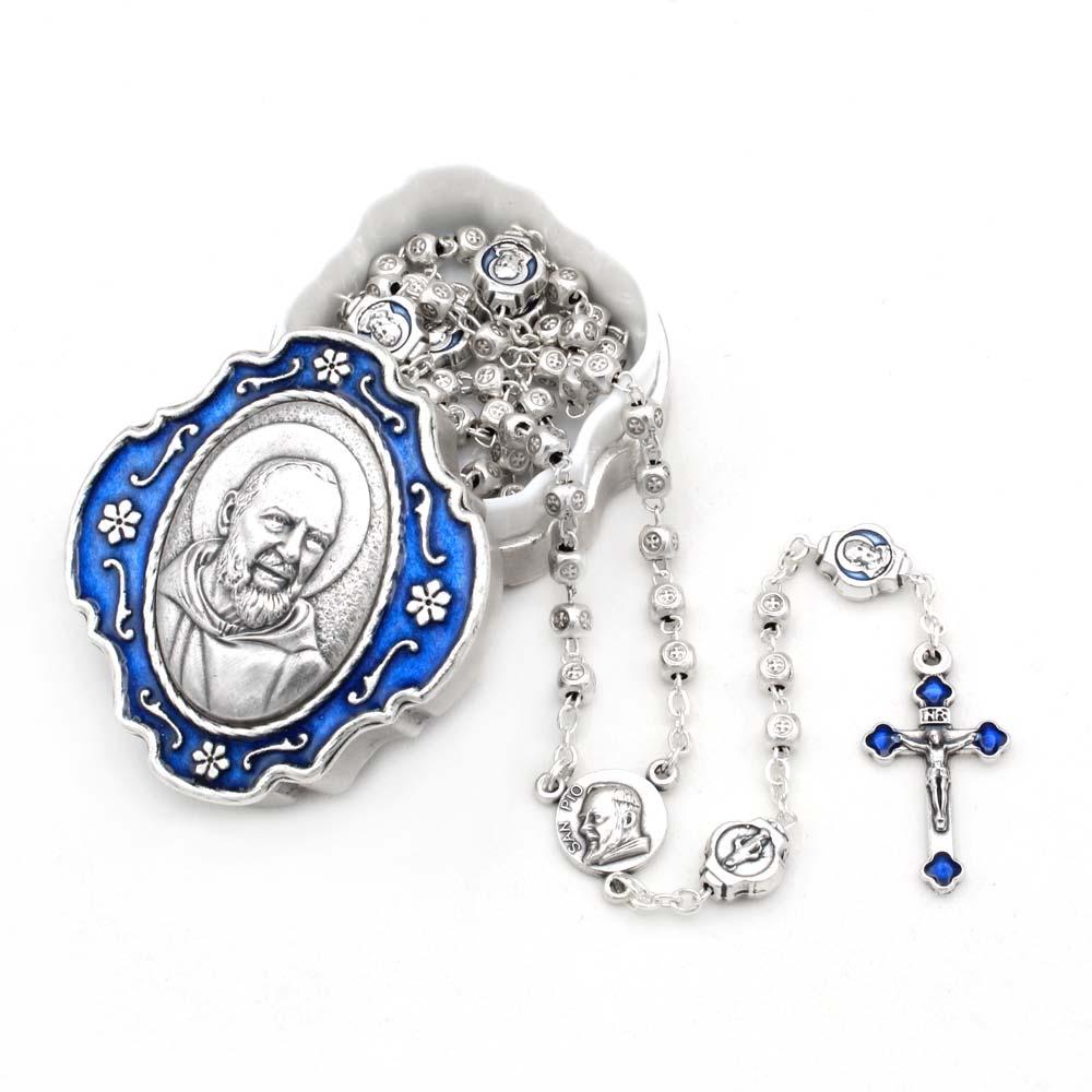 Padre Pio Metal Beads Rosary and Keepsake Box