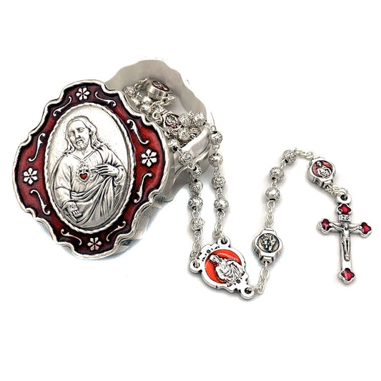 Sacred Heart of Jesus Metal Beads Rosary & Box Gift Set