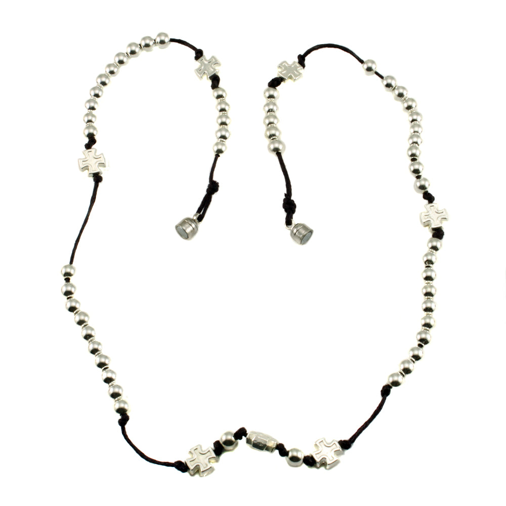 Polished Rosary Necklace w/  Silver Beads & Crosses