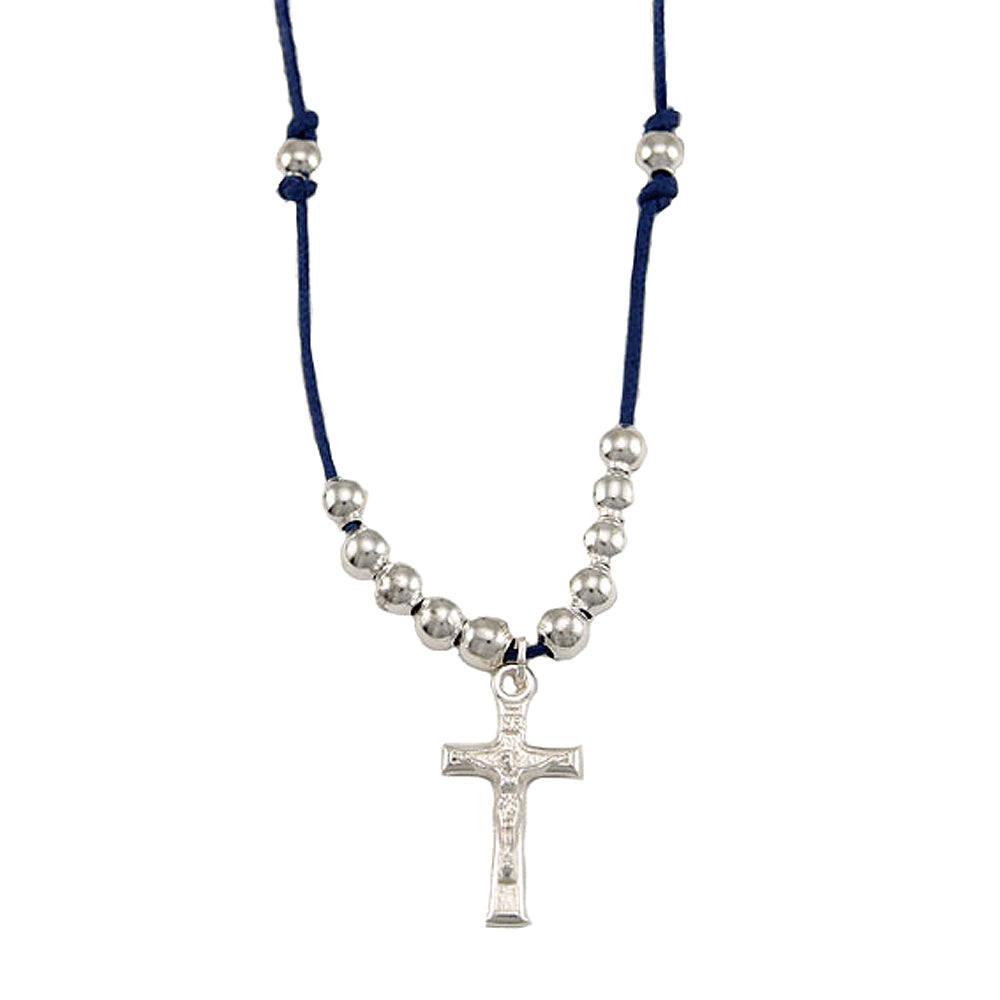 Rosary Necklace Metal Beads Crucifix Blue String