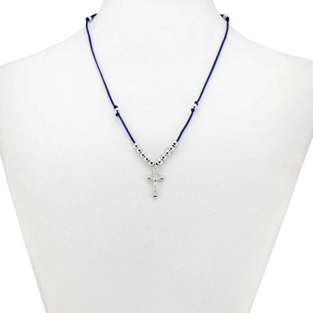 Rosary Necklace Metal Beads and Crucifix Blue String