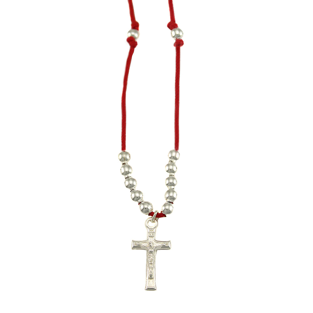 Rosary Necklace Metal Beads Crucifix Red String