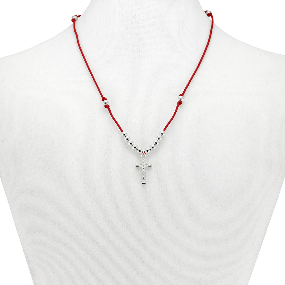 Rosary Necklace Metal Beads and Crucifix Red String