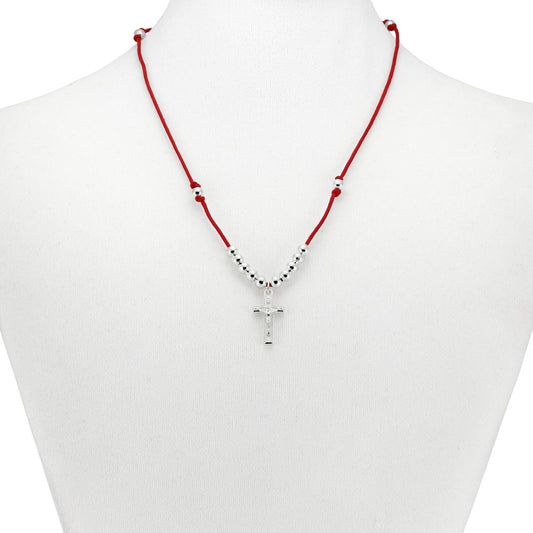 Rosary Necklace Metal Beads and Crucifix Red String