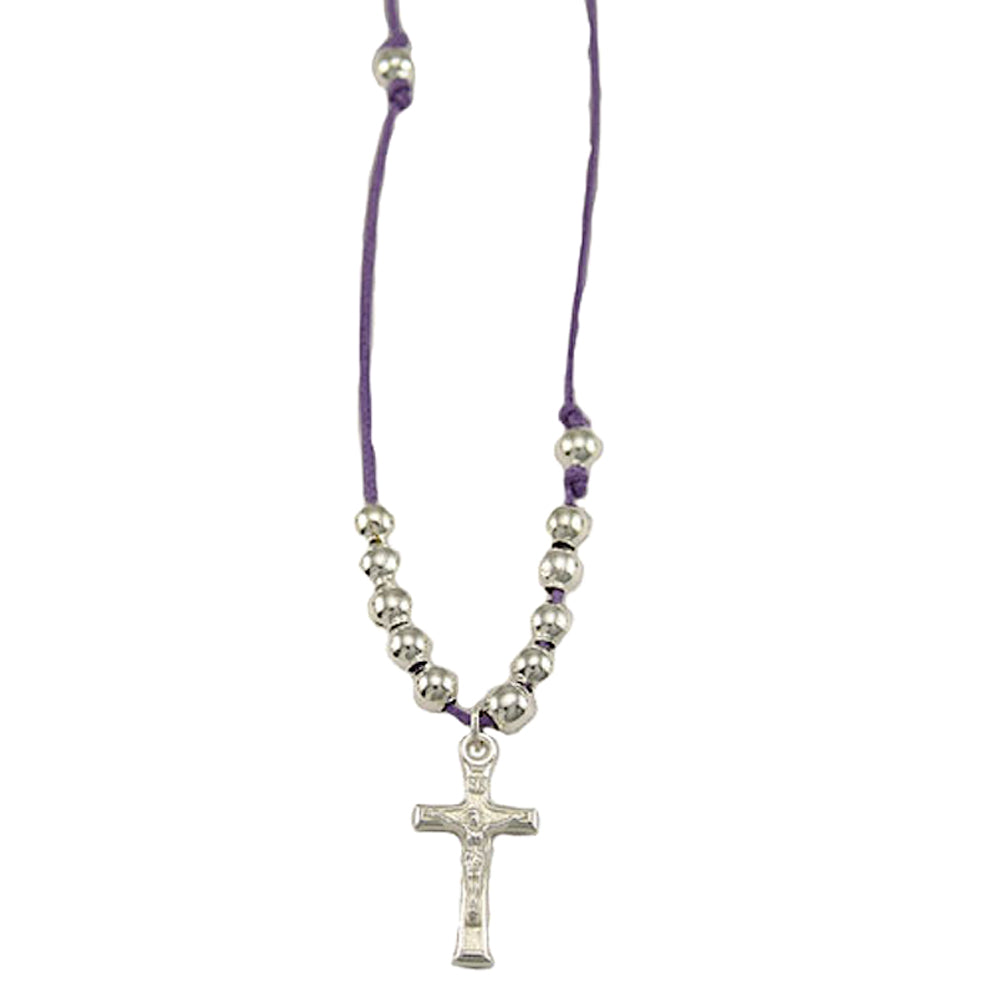 Rosary Necklace Metal Beads Crucifix Violet String
