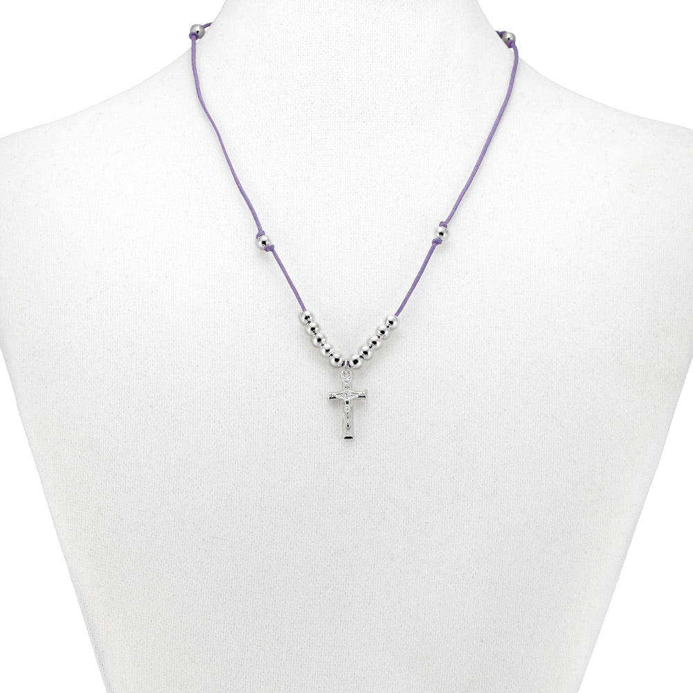 Rosary Necklace Metal Beads and Crucifix Violet String