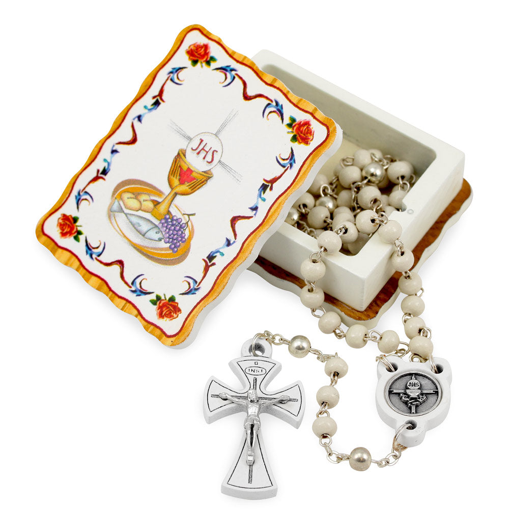 First Holy Communion Rosary Gift - White Wooden Beads Rosary and Wooden Keepsake Box, For Boys and Girls