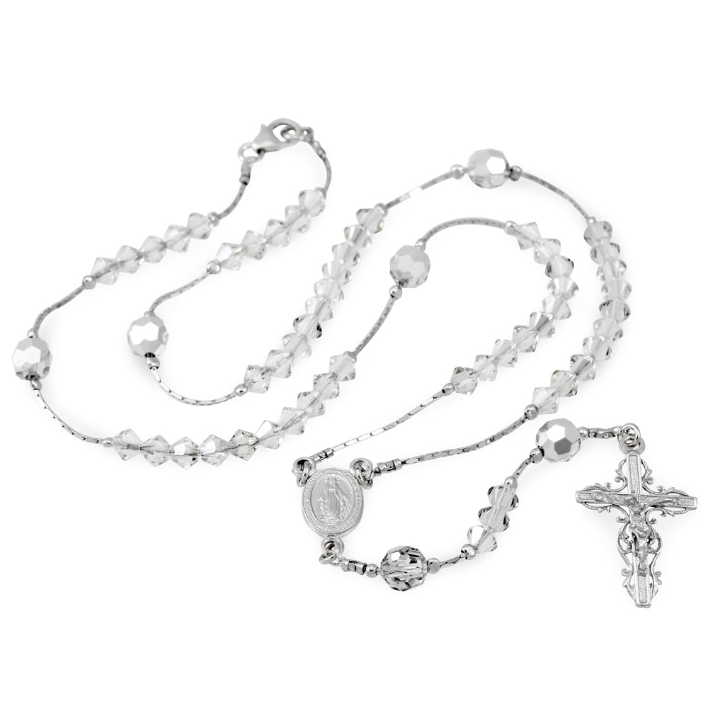 Sterling Silver Rosary with Clear Crystal Beads