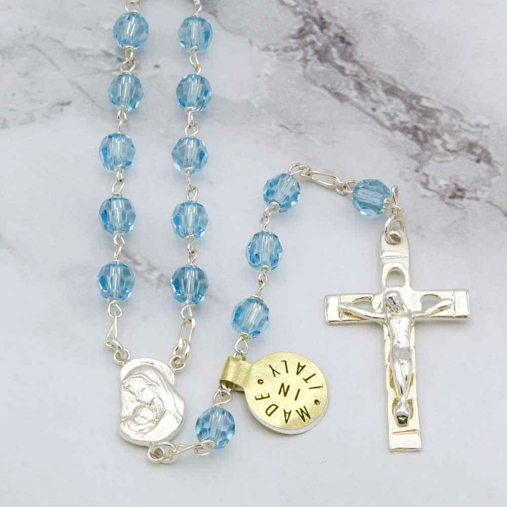 Swarovski Rosary Sterling Silver Madonna Blue Crystal Beads 