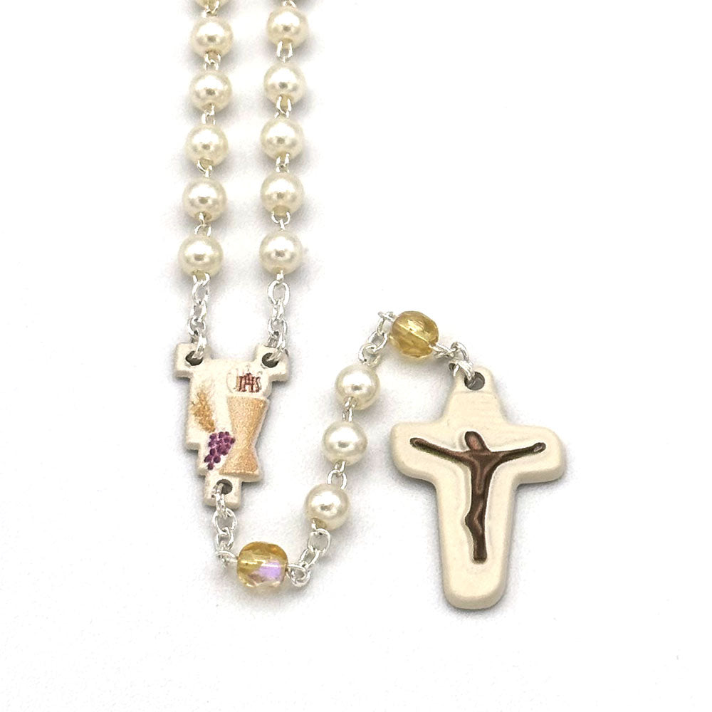 Rosary First Communion Pearl Glass Beads Painted Modern Crucifix