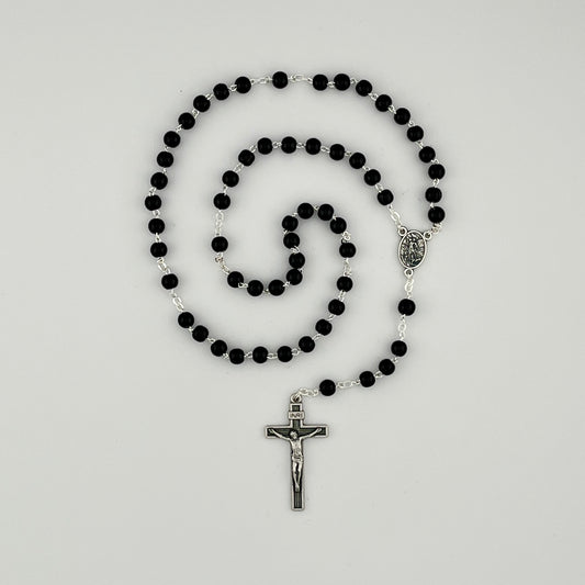 Black Rosary 5mm beads, Guardian Angel silver center 1.5inch crucifix