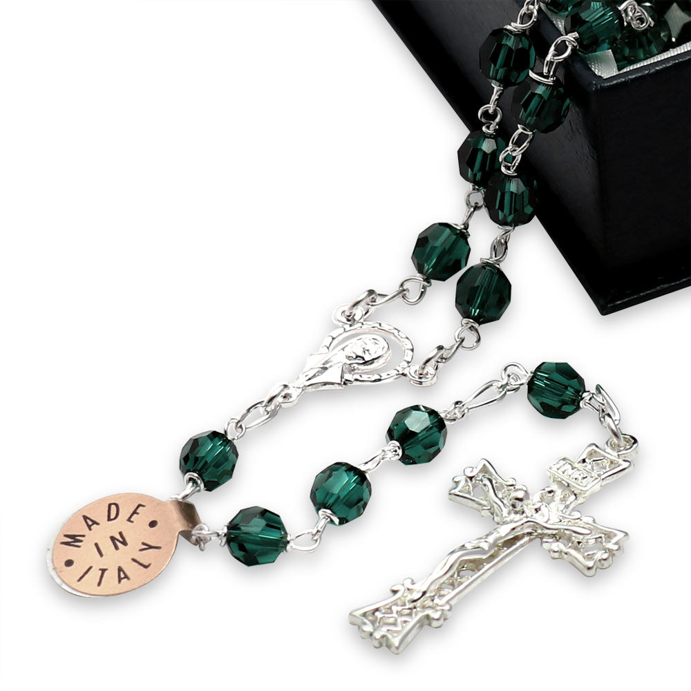 Swarovsky Rosary Green Crystal Beads Madonna and Stars