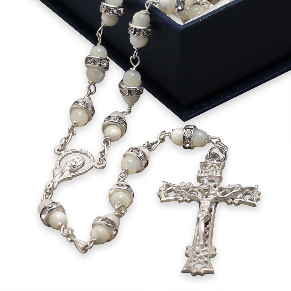 Rosary Pearl Rondelle Strass Beads Sterling Silver Filigree Crucifix