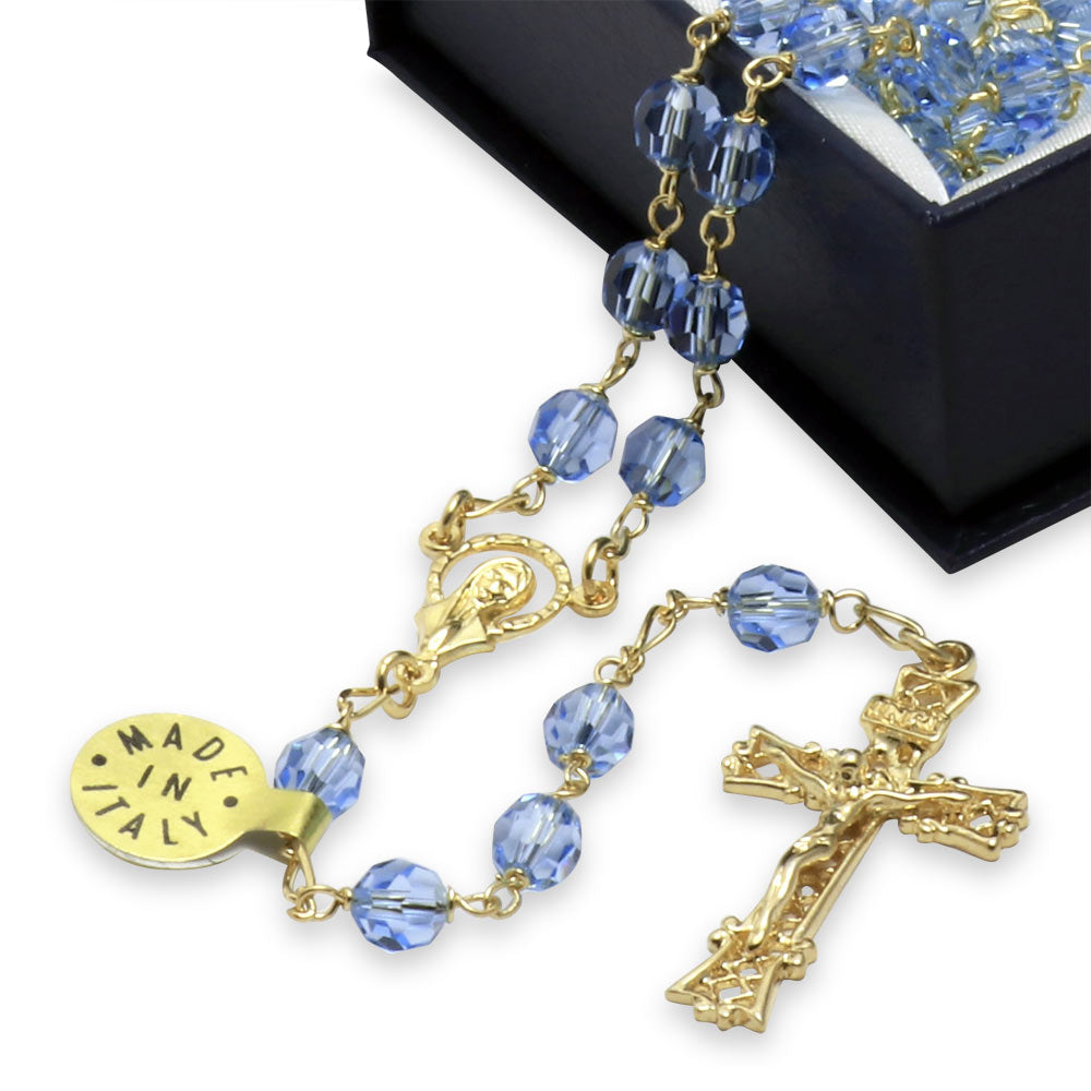 Swarovsky Rosary Gold Plated Light Blue Crystal Beads