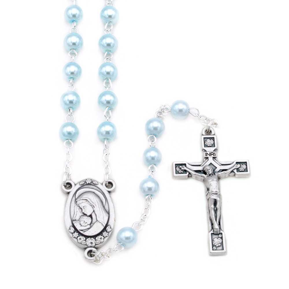 Rosary Pearl Glass Blue Beads Mother and Child