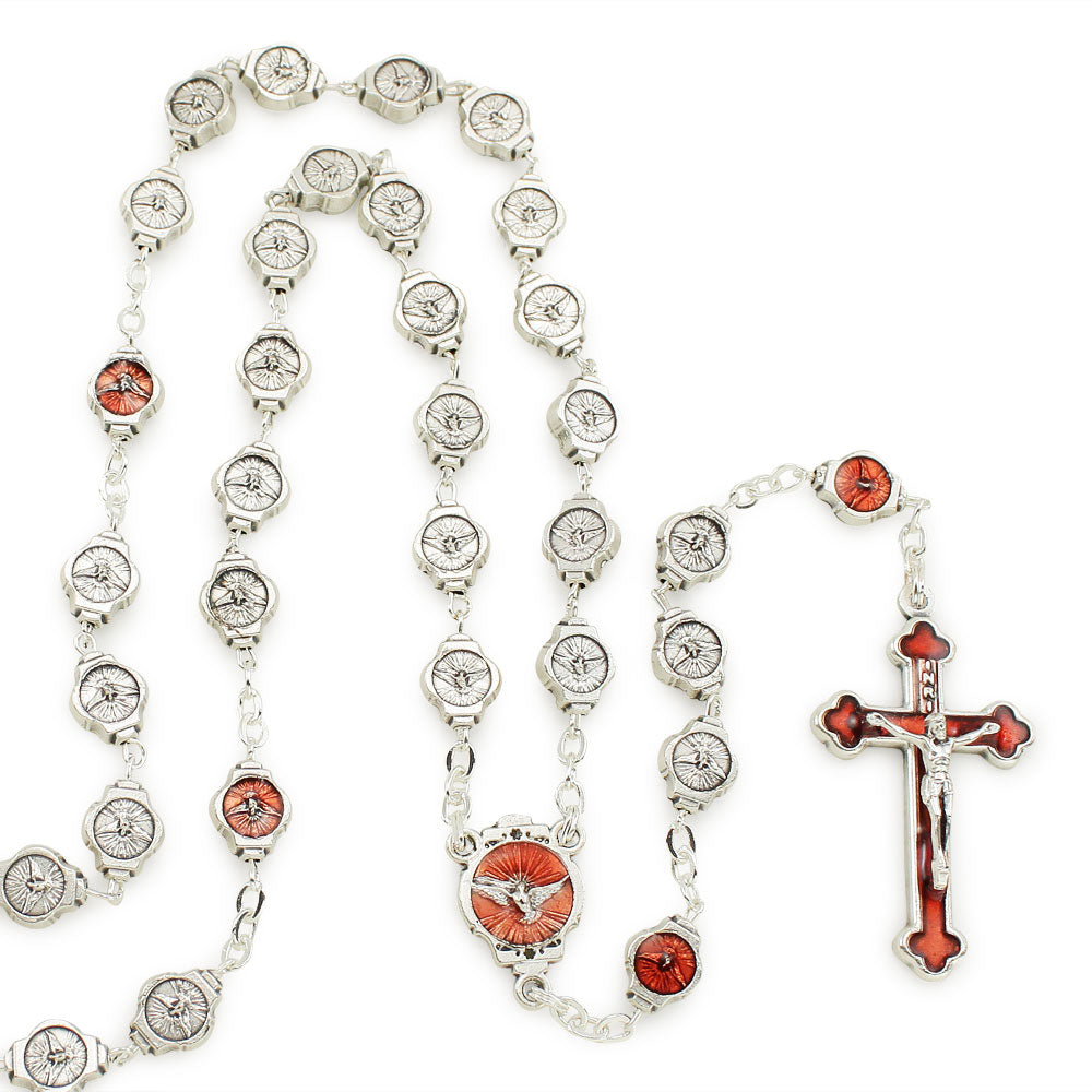 Holy Spirit Rosary with Metal Beads with Red Enameled Crucifix