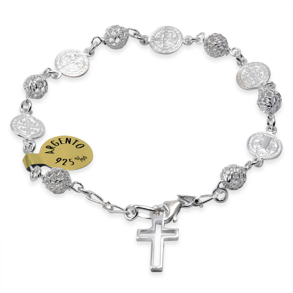 Rosary Bracelet Sterling Silver Filigree Beads St Benedict