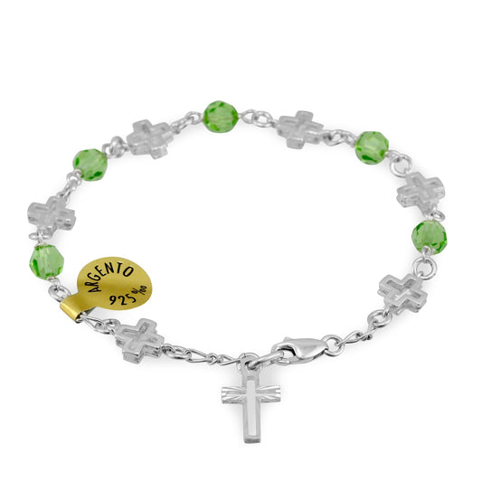 Swarovski Beads Catholic Rosary Bracelet w/ Sterling Silver Crosses