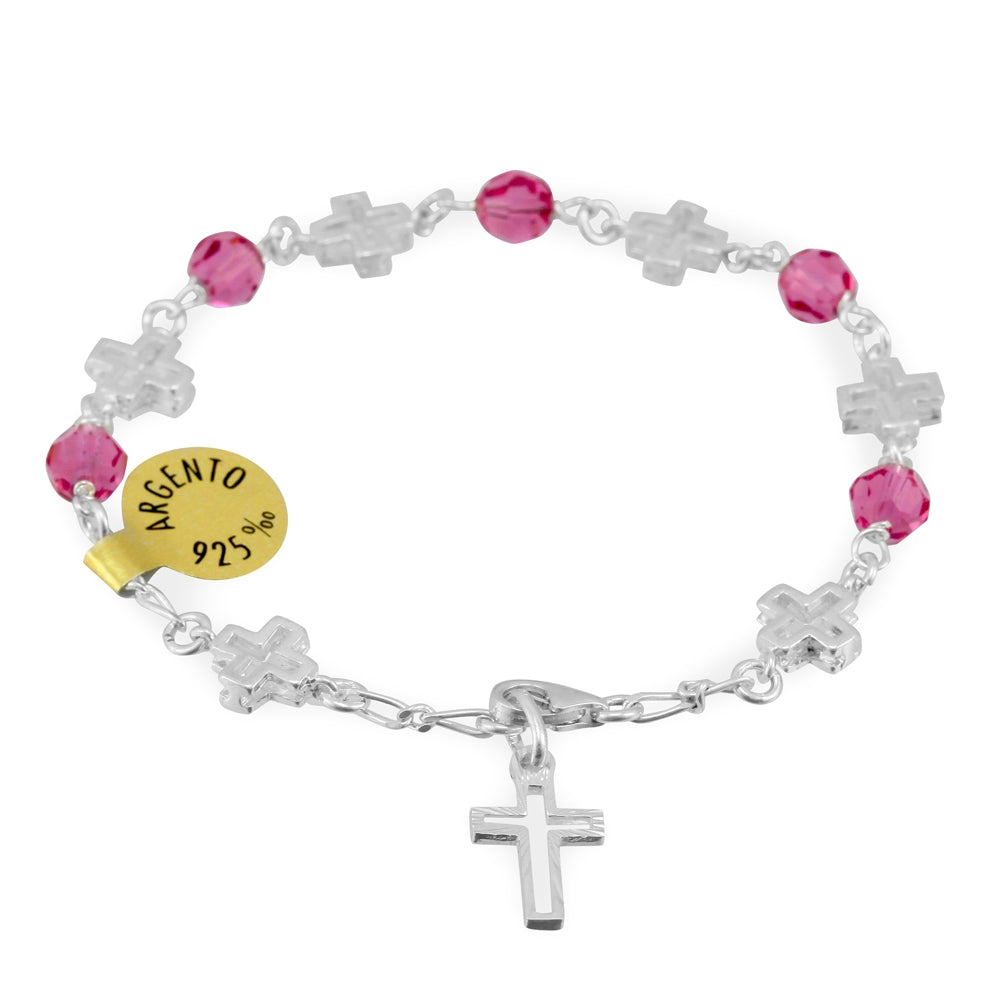 Catholic Swarovski Crystal Beads Rosary Bracelet w/ Sterling Silver Crosses