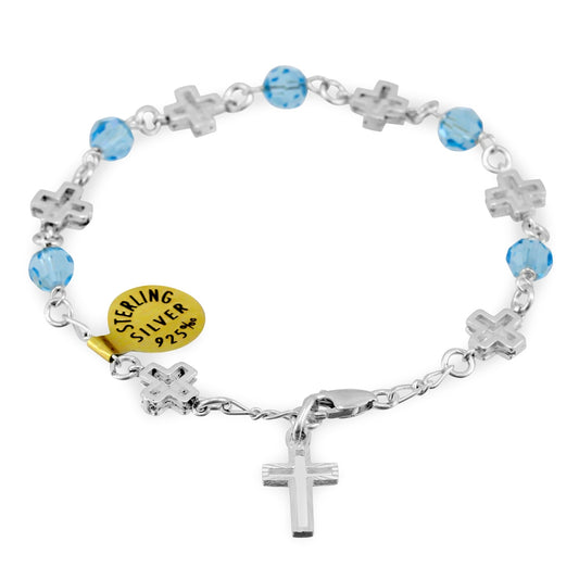 Swarovski Crystal Beads Catholic Rosary Bracelet w/ Sterling Silver Crosses