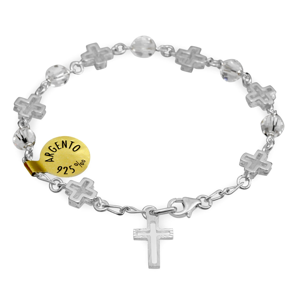 Swarovski Crystal Rosary Catholic Bracelet w/ Sterling Silver Crosses