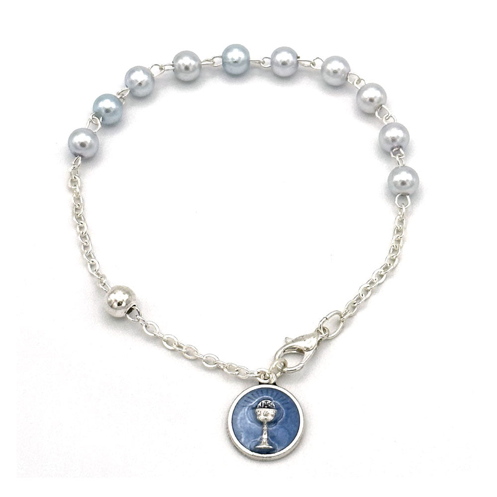 First Communion Blue Pearl Glass Beads Rosary Bracelet