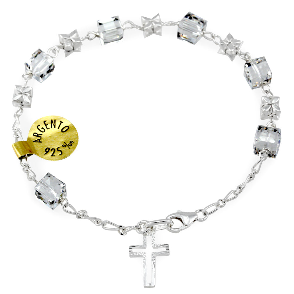 Swarovski Crystal Beads Rosary Bracelet  with Sterling Silver Flowers