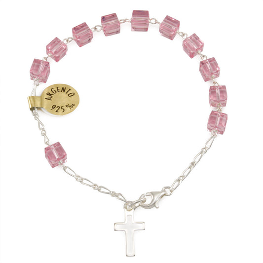Pink Swarovski Square Crystal Beads Rosary Catholic Bracelet