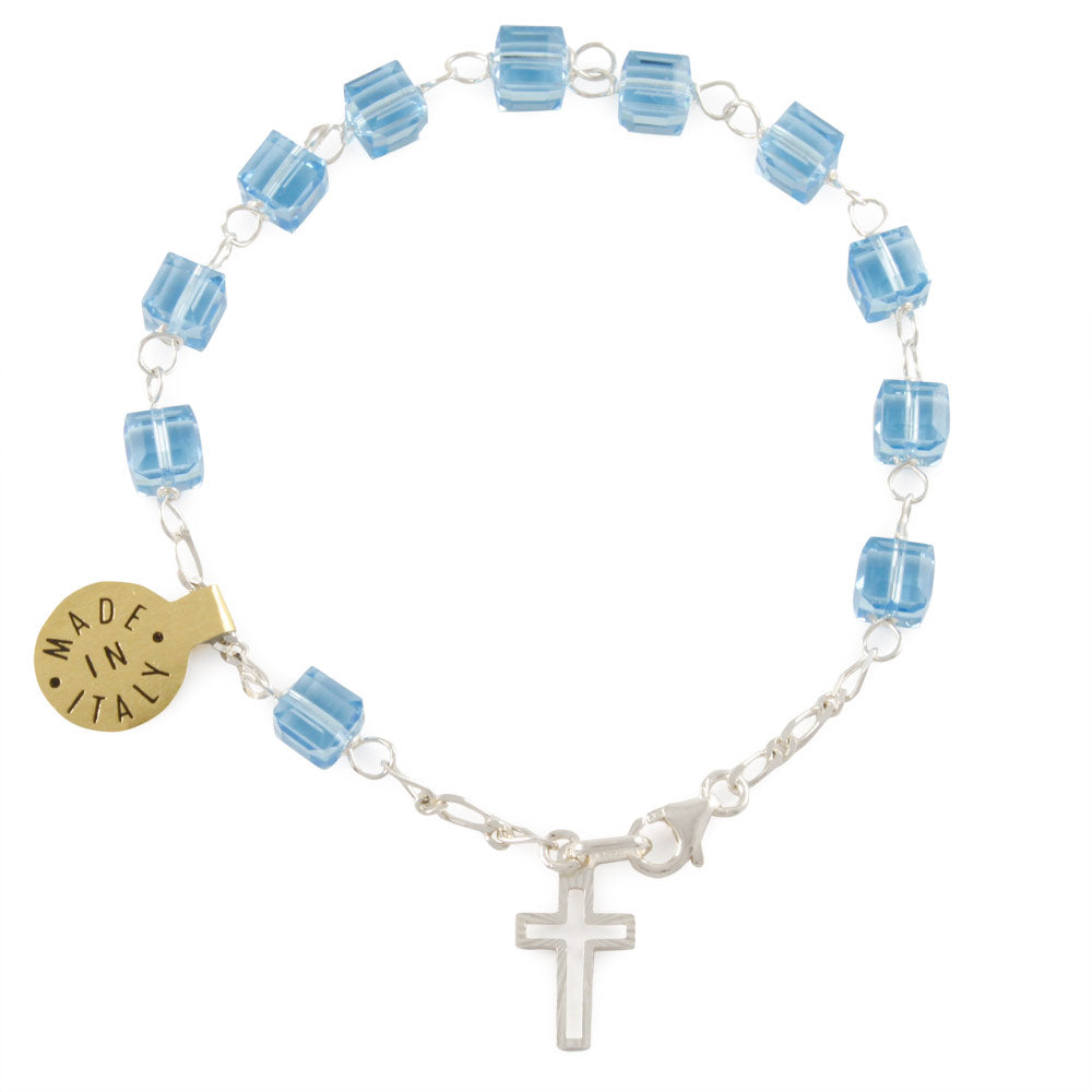 Sapphire Swarovski Square Crystal Beads Rosary Catholic Bracelet