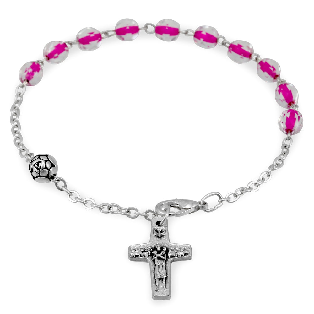 Pink Crystal Beads Bracelet with Pope Francis Cross