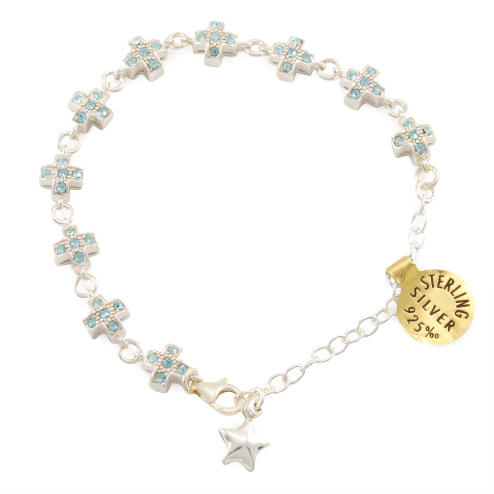 Sterling Silver Rosary Catholic Bracelet w/ Aqua Crystals