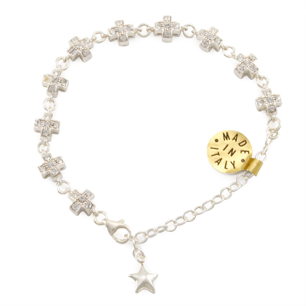 Sterling Silver Catholic Rosary Bracelet w/ Clear Crystals