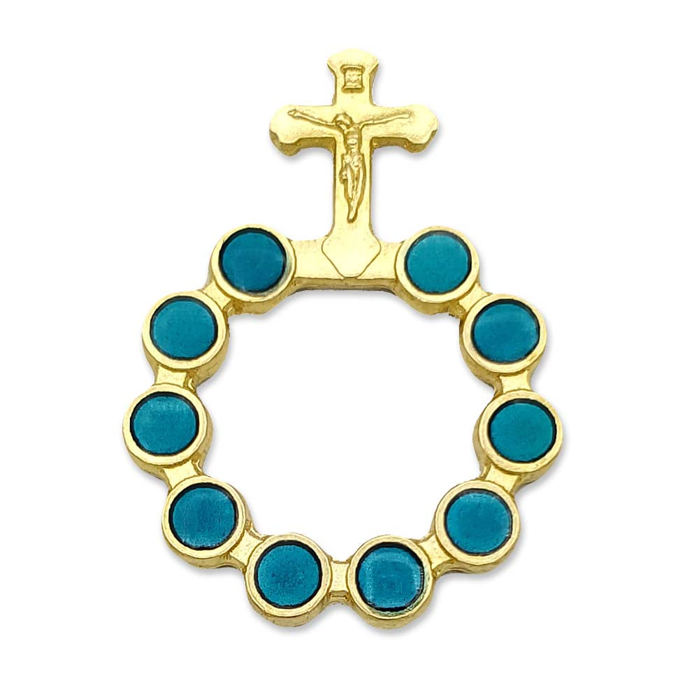 One Decade Rosary Ring Teal Beads Gold Finish - Finger Rosary