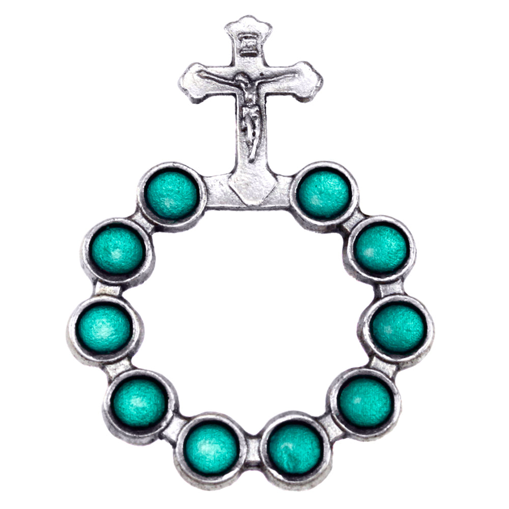 Catholic Silver Finish Decade Ring w/ Green Beads