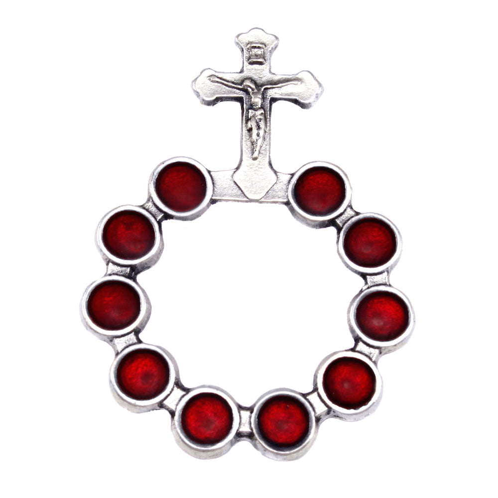 Catholic Silver Finish Decade Ring w/ Red Beads