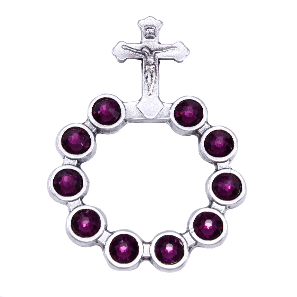 Catholic Silver Finish Decade Ring w/ Amethyst Swarovski Crystals