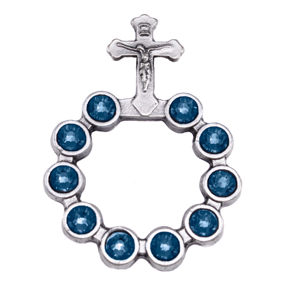 Catholic Silver Finish Decade Ring w/ Aqua Swarovski Crystals