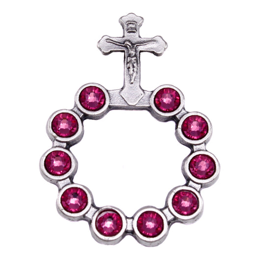 Catholic Silver Finish Decade Ring w/ Pink Swarovski Crystals