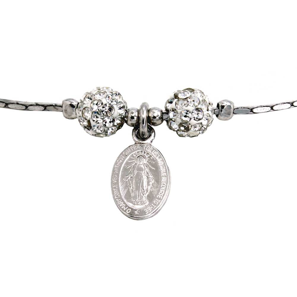 Miraculous Medal Sterling Silver Necklace with Strass Beads