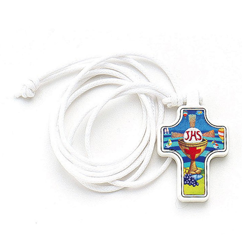 First Communion White Wooden Cross Pendant Colorful Artistic Imprint - 1 1/4 inch