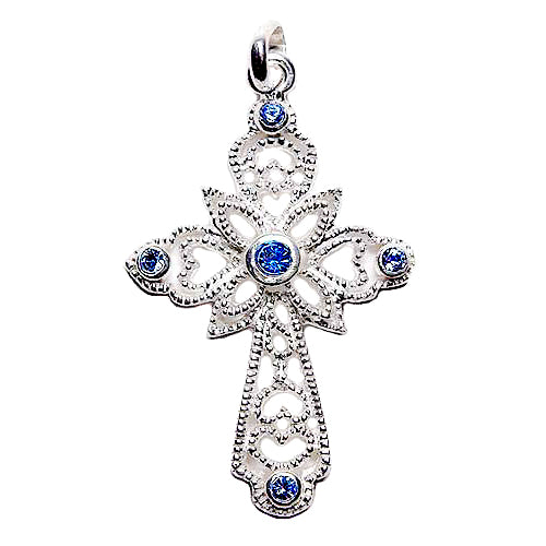 Sterling Silver Cross Catholic Pendant w/ Blue Crystals