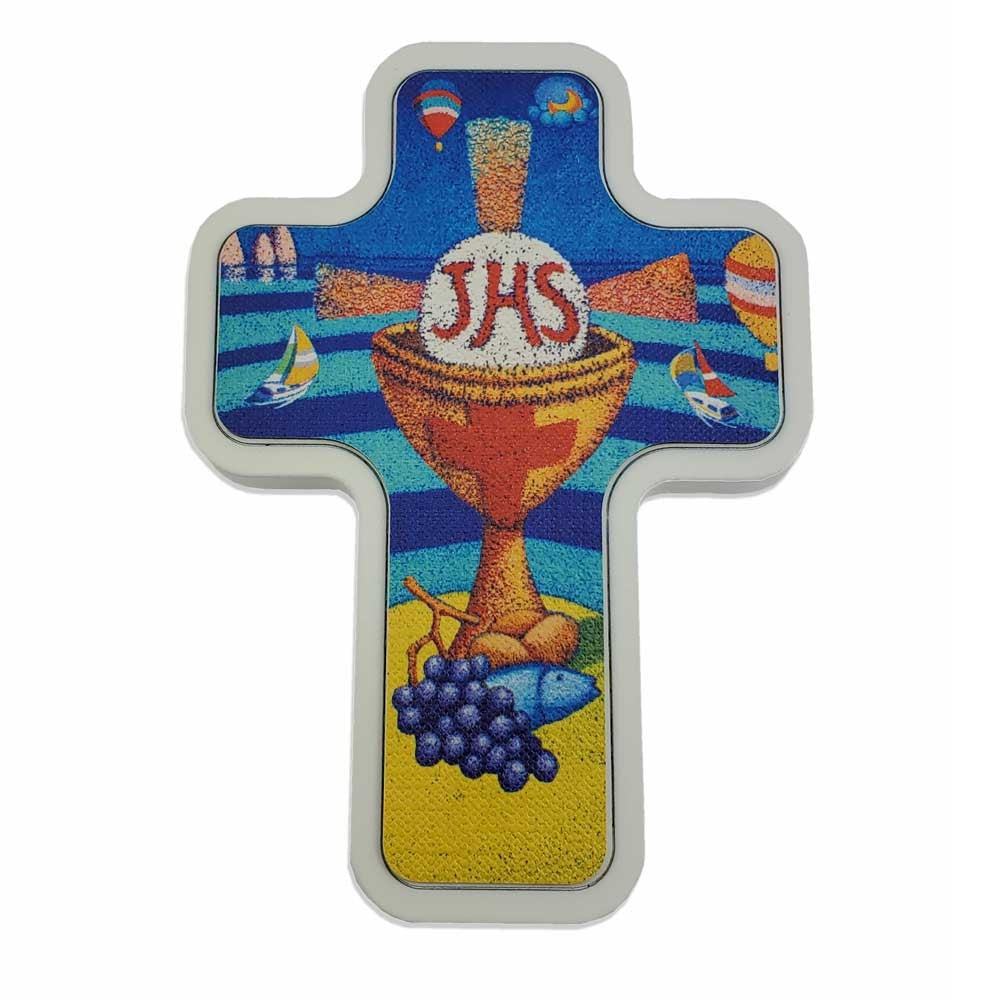First Communion Wall Cross Colorful Artistic Imprint White Wood Base - 4 1/2 Inch