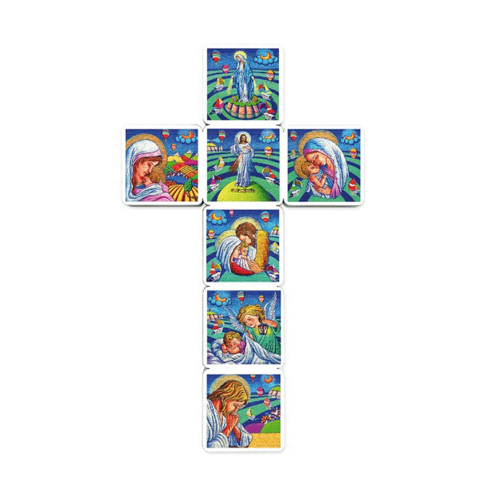 First Communion Wall Cross Colorful Artistic Imprints White Wood Base - 6 1/4 inch