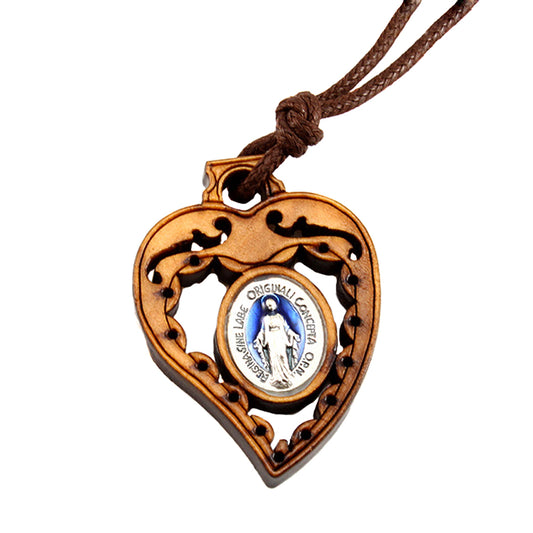 Olive Wood Heart Miraculous Catholic Pendant