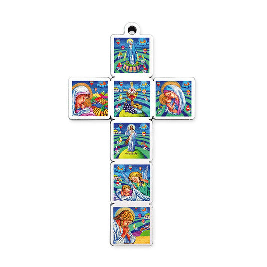 First Communion White Wooden Cross Pendant Colorful Artistic Imprints - 3 inch
