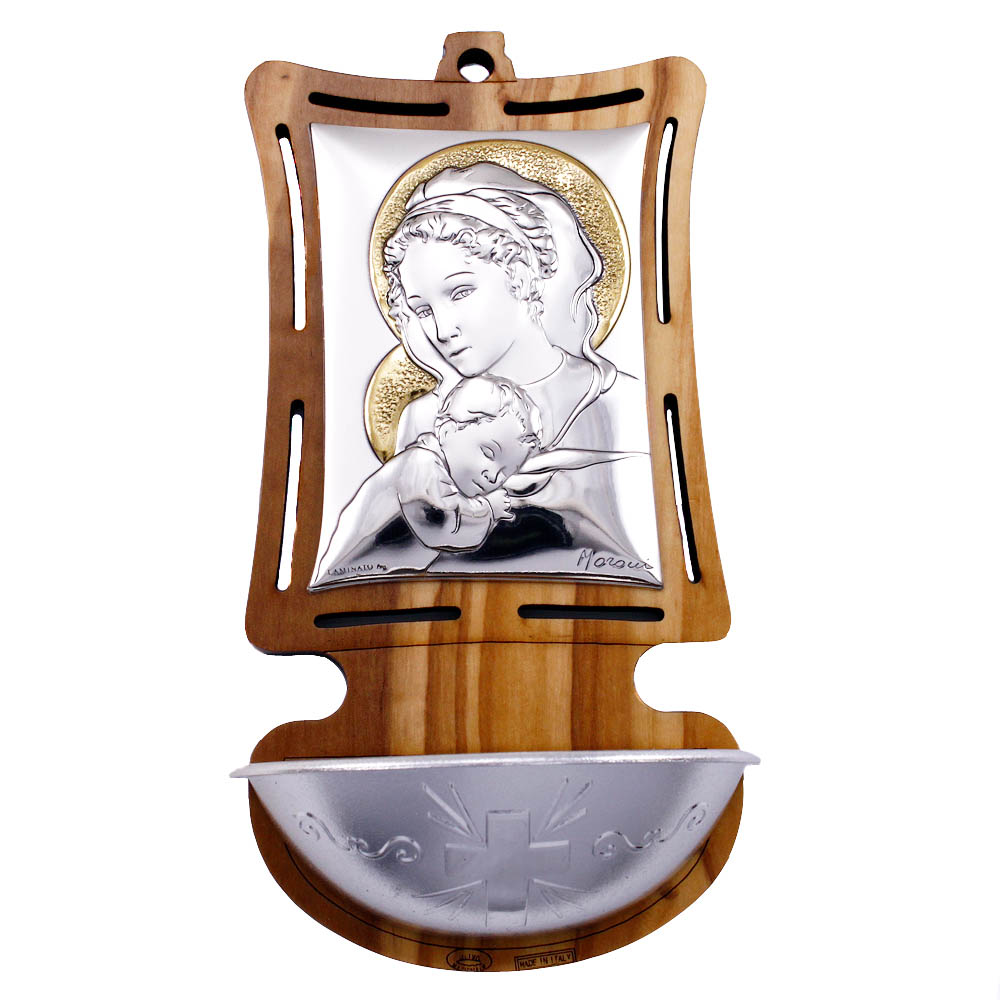 Madonna and Child Holy Water Font Olive Wood and Silver – Rosary Mart