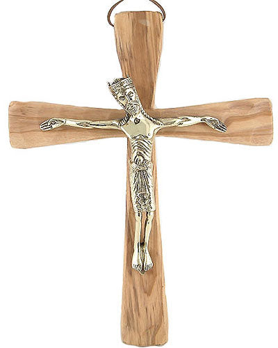 Olive Wood Wall Crucifix Bronze Corpus Modern Style - 8 inches