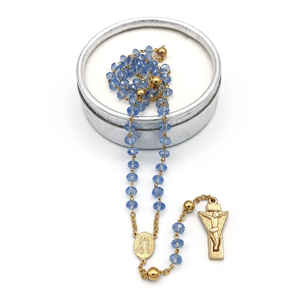 Fatima Rosary with gold links and Sapphire Crystal Beads